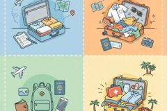 Four-panel travel packing illustration: top-left blue panel with an open suitcase, folded clothes, map, and checklist; top-right orange panel with a packed suitcase, clothes, camera, sunglasses, and passport; bottom-left green panel shows a backpack with gear and a passport; bottom-right yellow panel features a suitcase with medical kit and travel items.