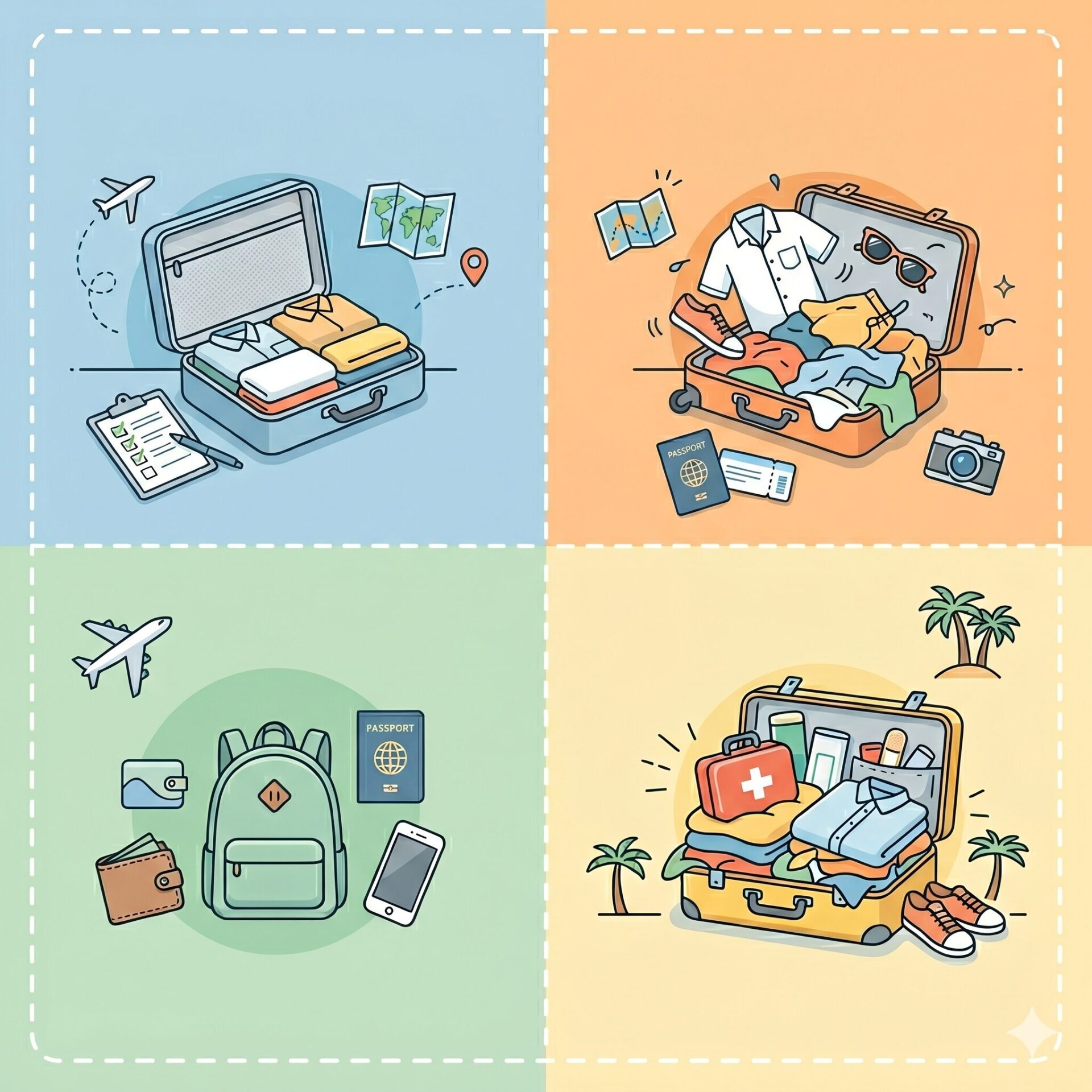 Four-panel travel packing illustration: top-left blue panel with an open suitcase, folded clothes, map, and checklist; top-right orange panel with a packed suitcase, clothes, camera, sunglasses, and passport; bottom-left green panel shows a backpack with gear and a passport; bottom-right yellow panel features a suitcase with medical kit and travel items.