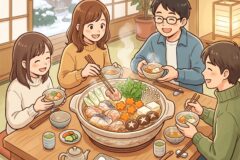 Four friends sit around a wooden table sharing a steaming pot of nabe with vegetables, tofu, and meat, indoors on a snowy day outside the windows.