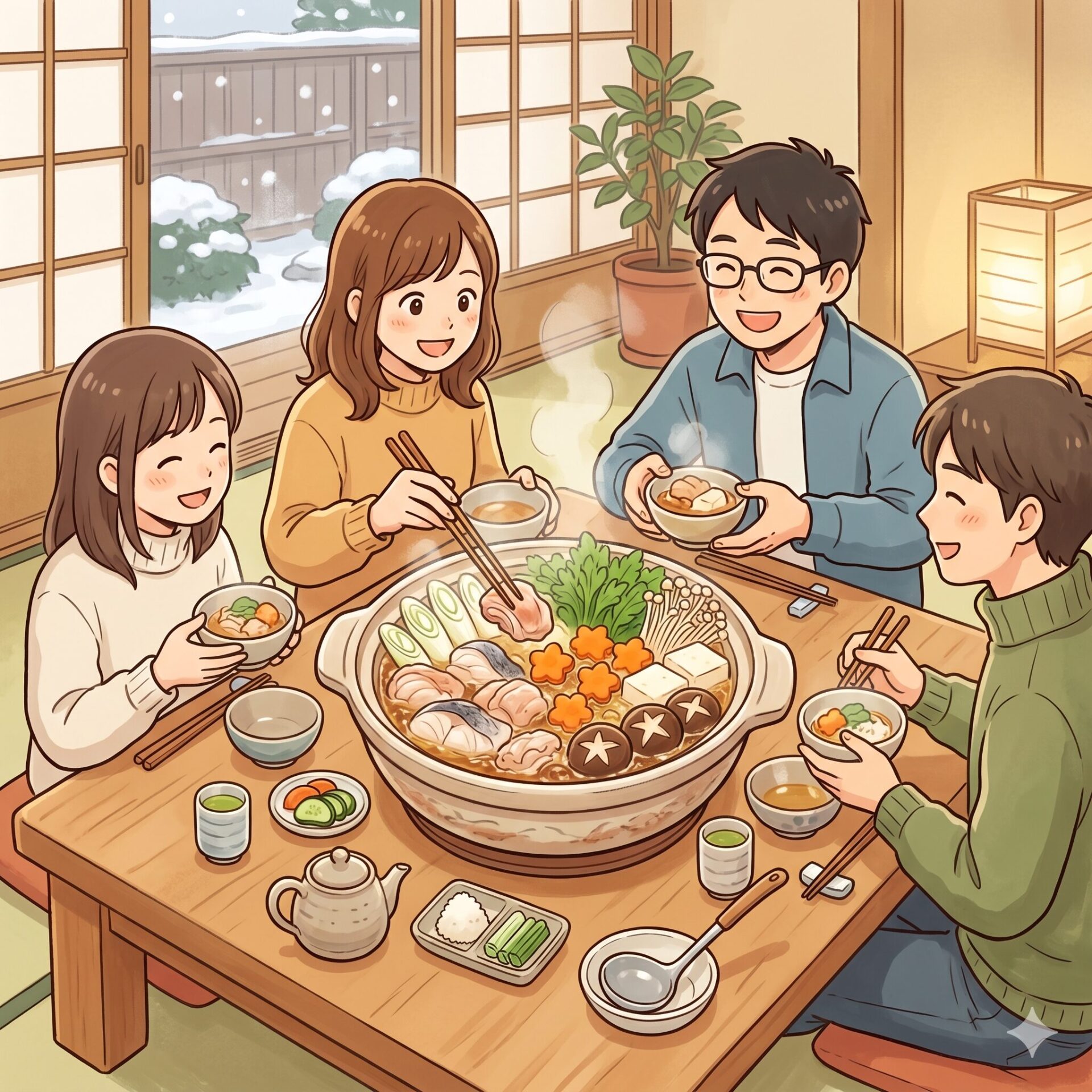 Four friends sit around a wooden table sharing a steaming pot of nabe with vegetables, tofu, and meat, indoors on a snowy day outside the windows.