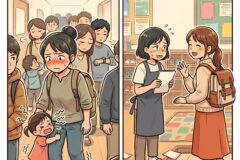 In a crowded hallway, a distressed woman guides a crying child while bystanders ignore them. In a store, a clerk hands a paper to a smiling customer at the counter.