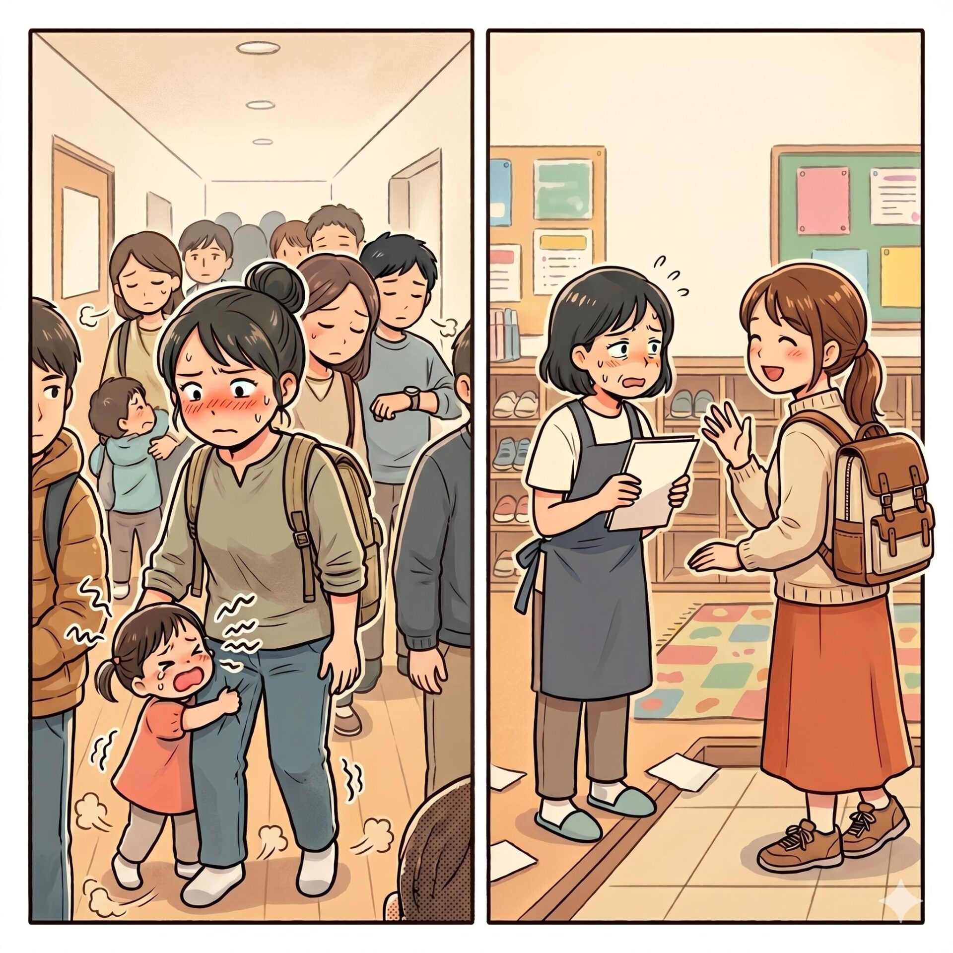 In a crowded hallway, a distressed woman guides a crying child while bystanders ignore them. In a store, a clerk hands a paper to a smiling customer at the counter.