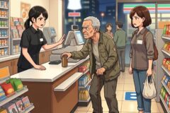 Cashier speaks to an angry elderly man at the checkout while two customers wait in a grocery store.