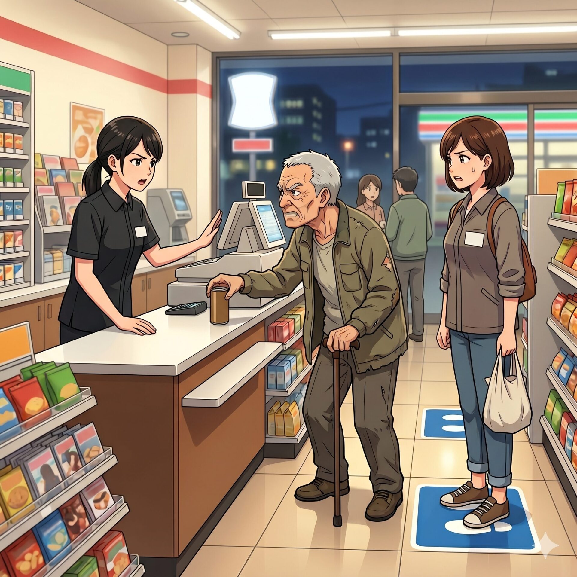 Cashier speaks to an angry elderly man at the checkout while two customers wait in a grocery store.