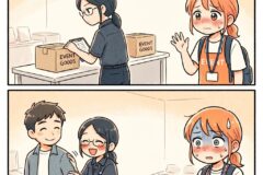 Two-panel comic: a staff member labels 'EVENT GOODS' boxes while a red-haired volunteer waves at a guest.