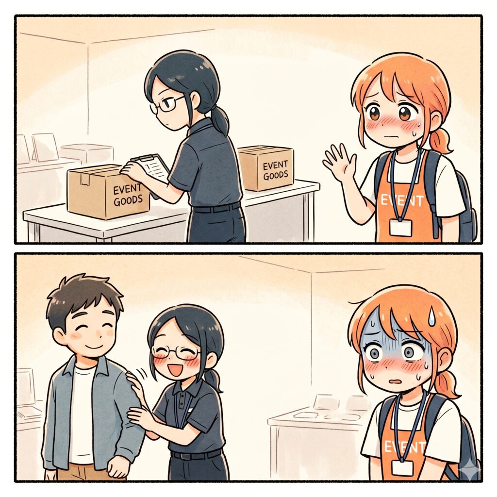 Two-panel comic: a staff member labels 'EVENT GOODS' boxes while a red-haired volunteer waves at a guest.