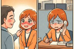 Two-panel comic: a man reassures a blushing coworker in the left panel; the right panel shows her at a desk, on the phone and visibly upset while writing.