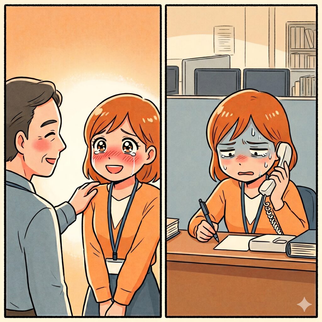 Two-panel comic: a man reassures a blushing coworker in the left panel; the right panel shows her at a desk, on the phone and visibly upset while writing.