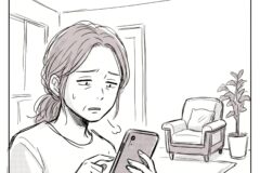 Woman indoors looking worried while scrolling or typing on her smartphone at home.