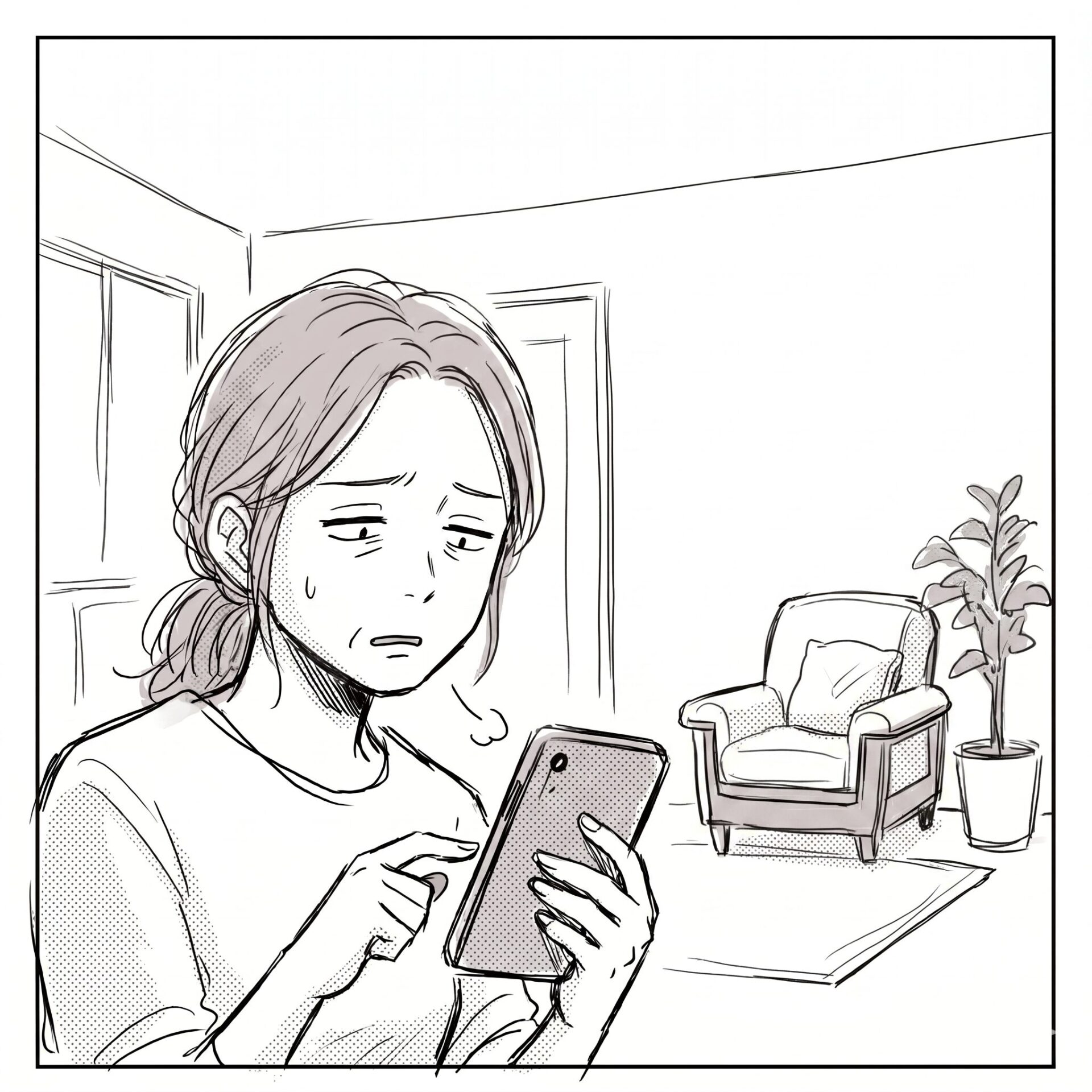 Woman indoors looking worried while scrolling or typing on her smartphone at home.