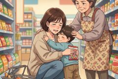 A young mother sits on the store floor crying while her toddler hugs her, as an elderly grandmother in a floral apron gently consoles them in a grocery aisle.