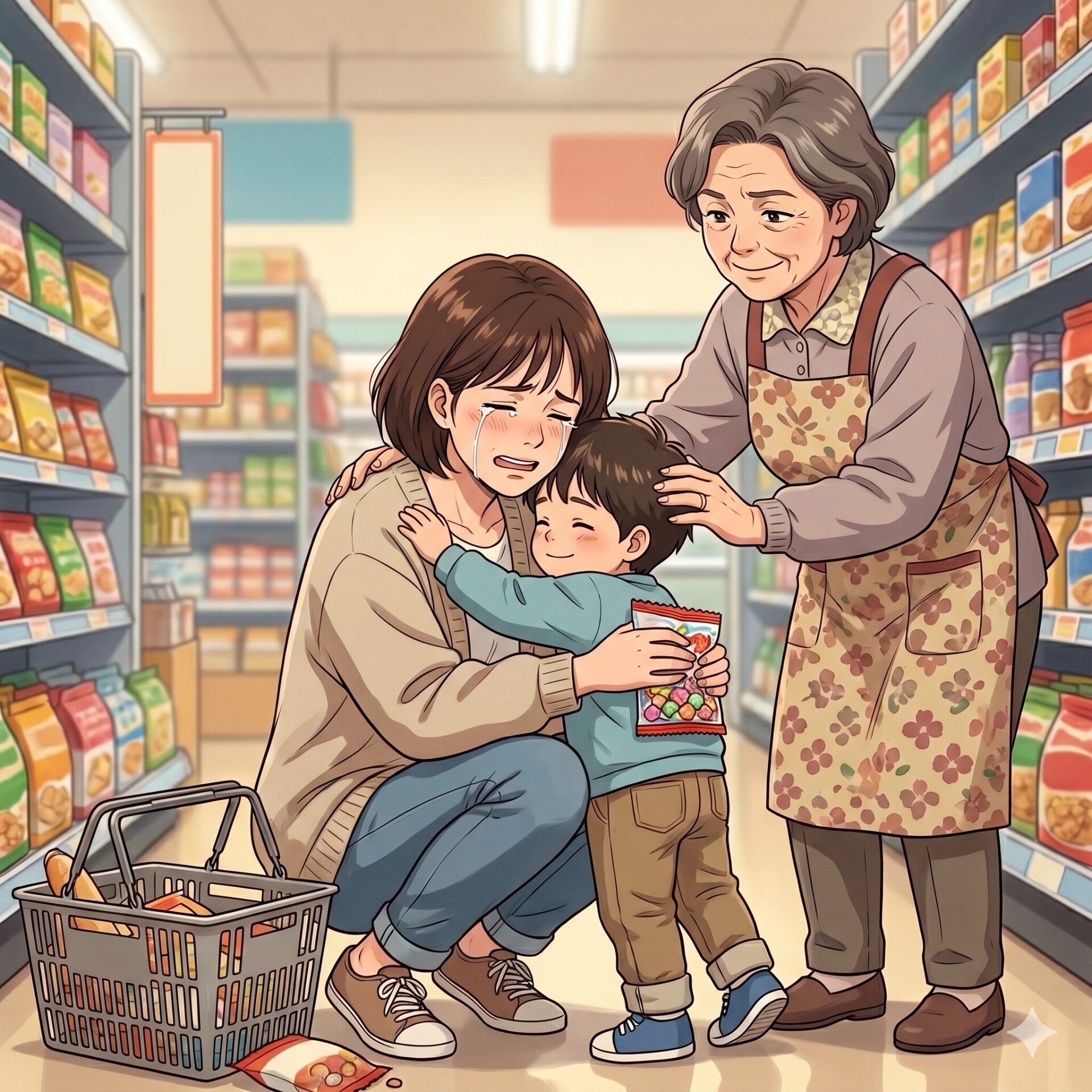A young mother sits on the store floor crying while her toddler hugs her, as an elderly grandmother in a floral apron gently consoles them in a grocery aisle.