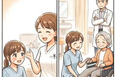 Two-panel illustration of medical staff helping patients: a nurse greets a young girl in a clinic on the left, and a nurse assists an elderly woman in a wheelchair with a doctor nearby on the right.