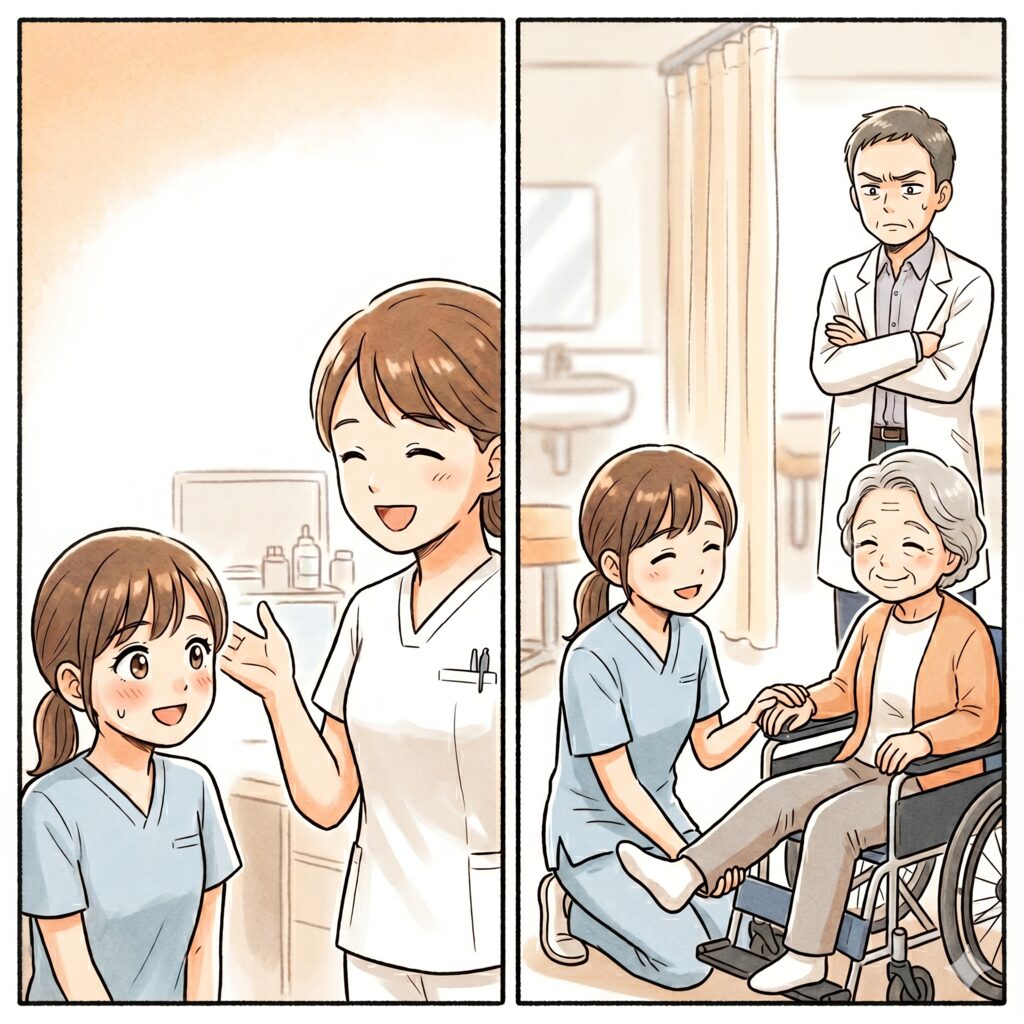 Two-panel illustration of medical staff helping patients: a nurse greets a young girl in a clinic on the left, and a nurse assists an elderly woman in a wheelchair with a doctor nearby on the right.