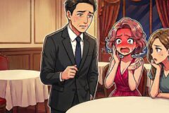 A man in a black suit stands beside a round banquet table, sweating and looking anxious as two women at the table react with shock and blushing faces in an elegant dining room.