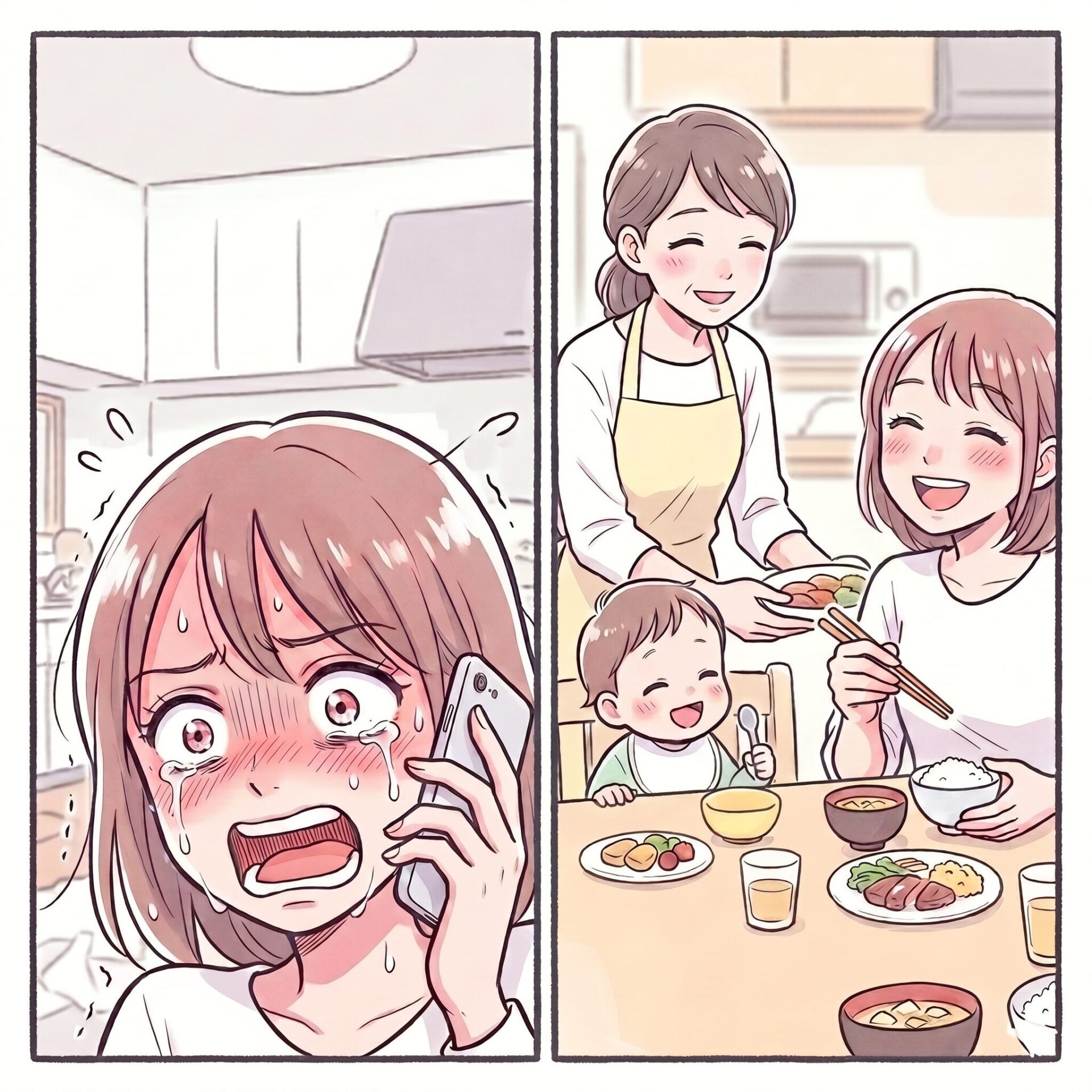 A distressed girl on a phone call crying, tears streaming down her face inside a kitchen comic panel.