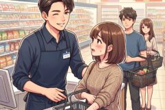 A grocery cashier smiles at a woman with a shopping basket at the checkout while two customers wait in line behind them.