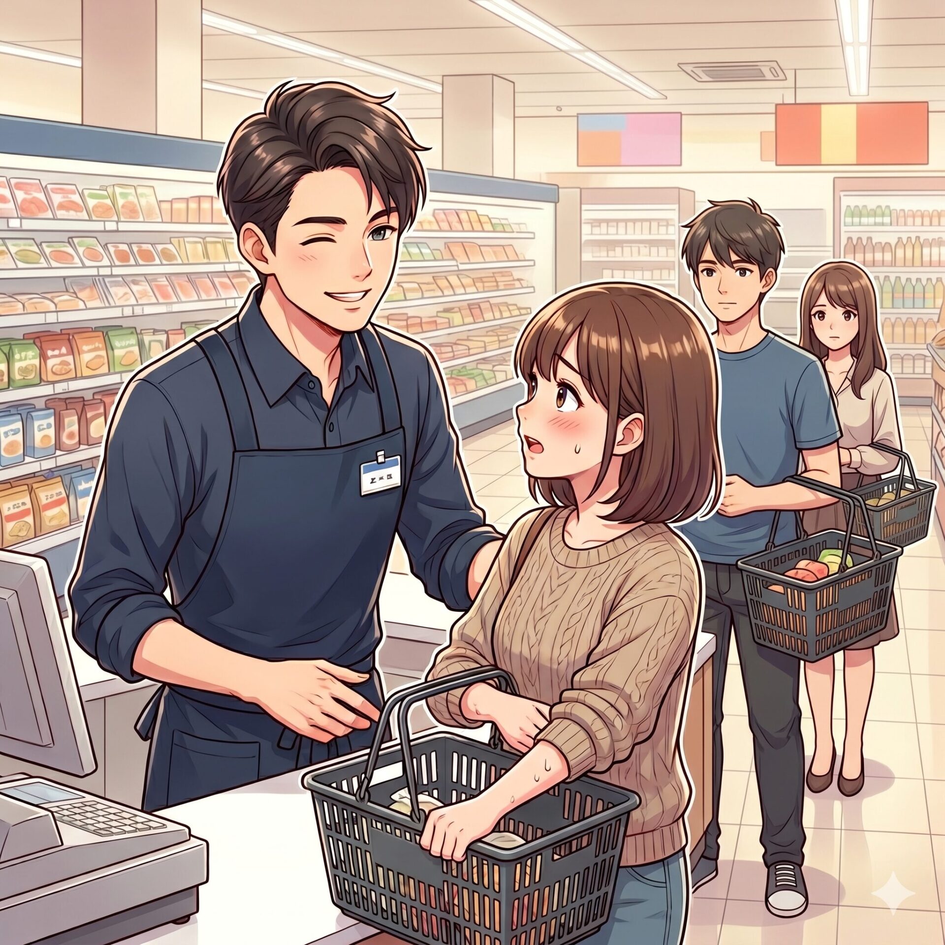 A grocery cashier smiles at a woman with a shopping basket at the checkout while two customers wait in line behind them.