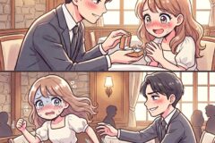 Man in a suit proposes with an open ring box to a blushing, tearful girlfriend at a cozy cafe.