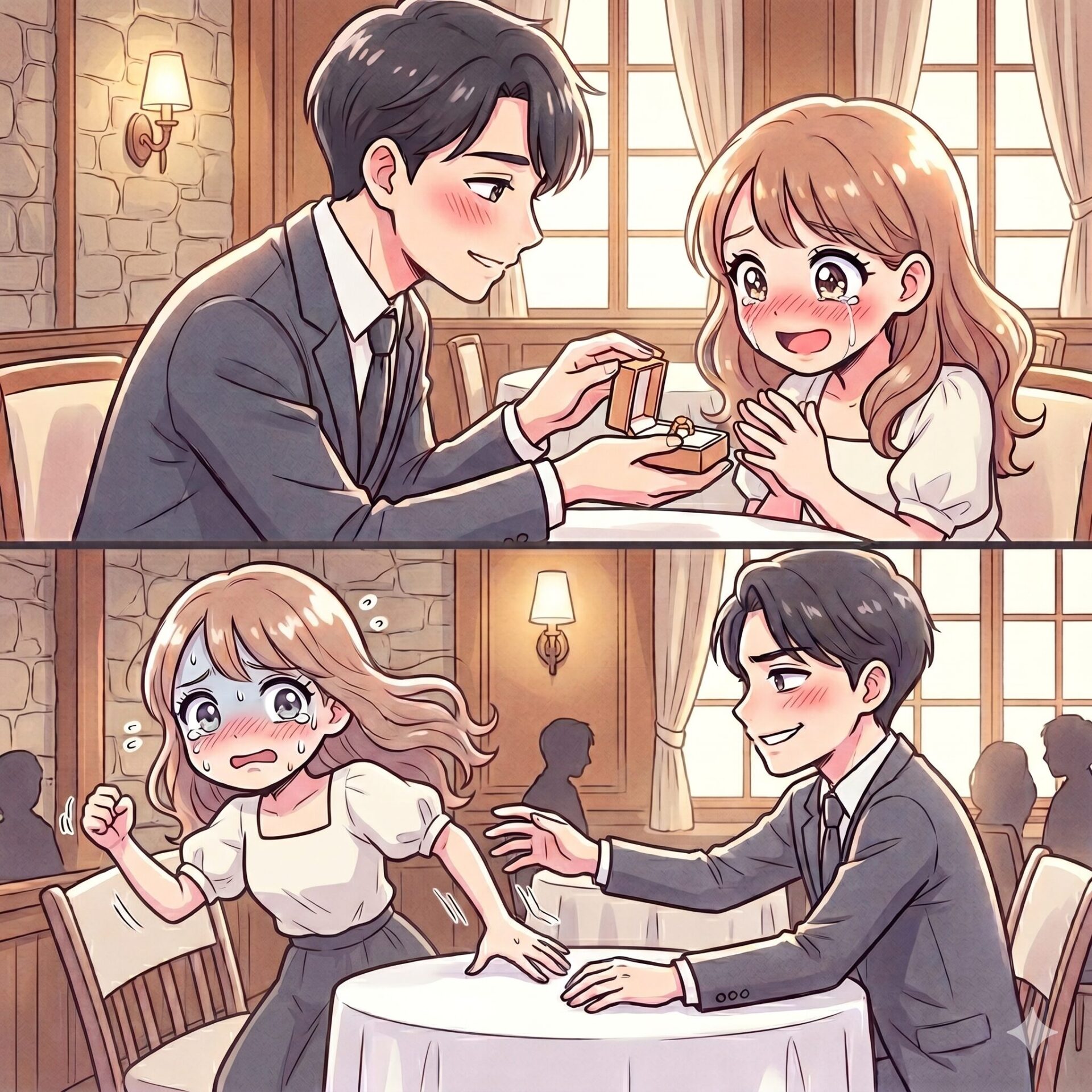 Man in a suit proposes with an open ring box to a blushing, tearful girlfriend at a cozy cafe.