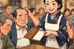 Smiling waitress in a floral kimono-style outfit helps an elderly man with a menu in a busy restaurant.