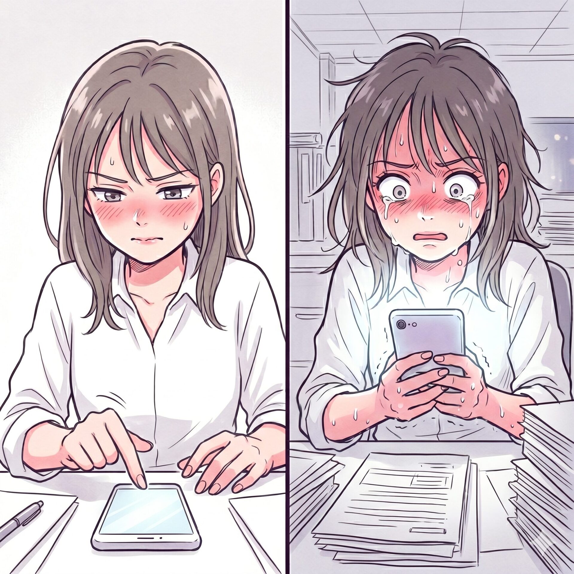 Two-panel comic: left shows a calm girl typing at a desk; right shows the same girl panicked, sweating, looking at her phone amid scattered papers.