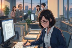 Woman with glasses in a blue blazer sits at a cluttered desk, writing in a notebook while coworkers chat in a bright office at sunset.