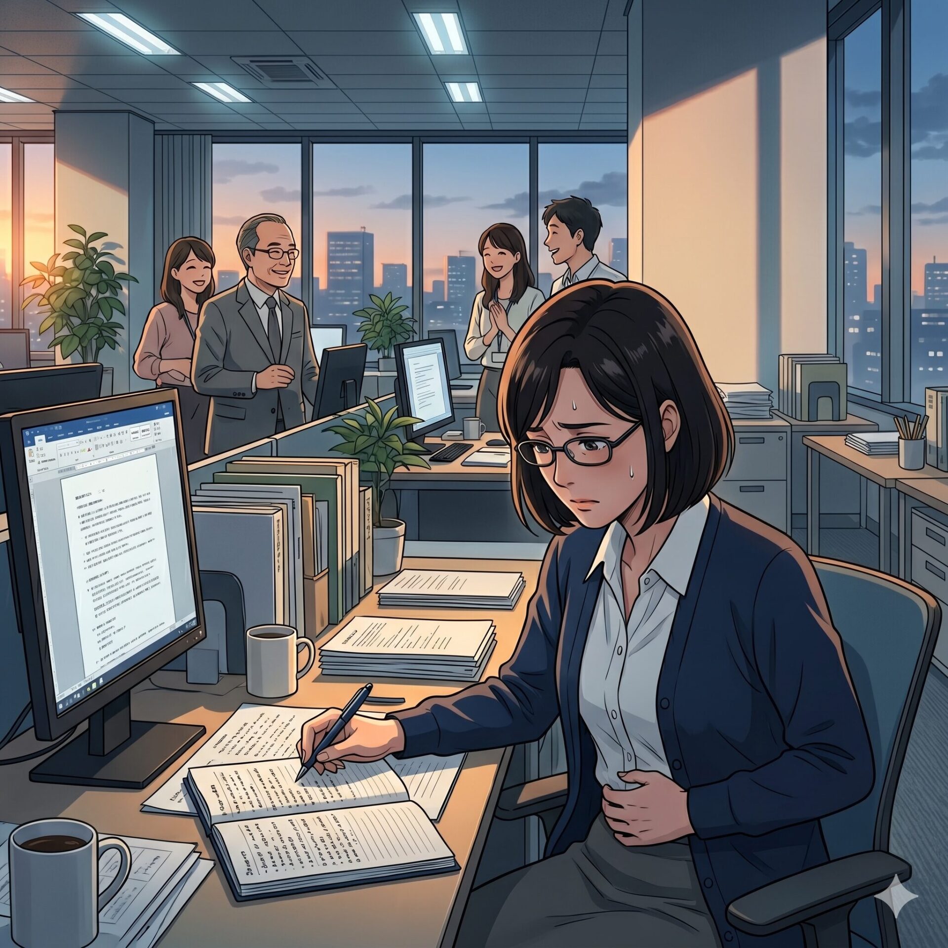 Woman with glasses in a blue blazer sits at a cluttered desk, writing in a notebook while coworkers chat in a bright office at sunset.