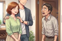 A smiling couple greets a surprised man at the doorway of a home, as the man stands inside.
