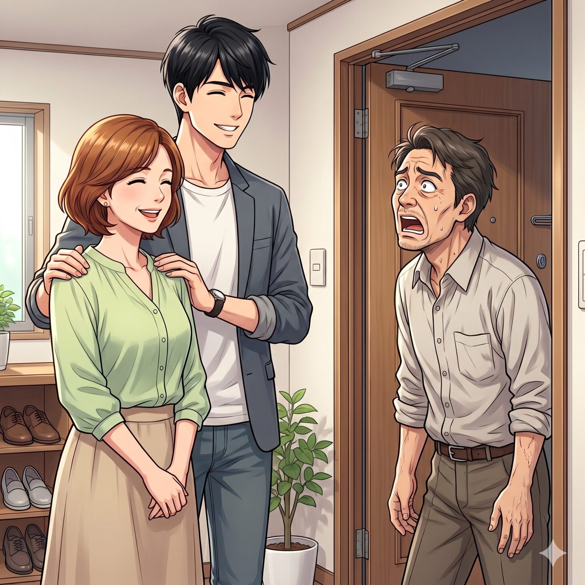 A smiling couple greets a surprised man at the doorway of a home, as the man stands inside.