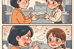 Panel 1 shows two office coworkers; a woman hands a thick stack of papers to a smiling colleague across a desk in a sunny office setting.