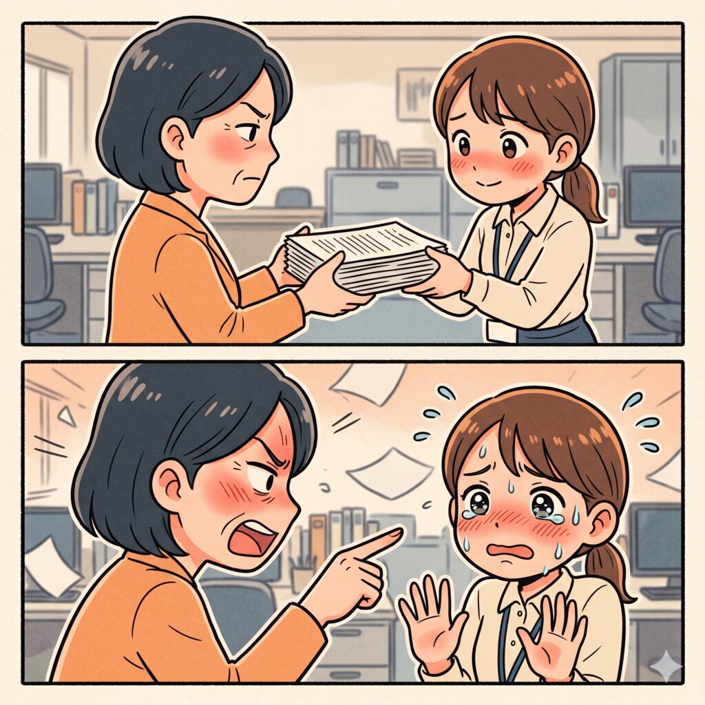 Panel 1 shows two office coworkers; a woman hands a thick stack of papers to a smiling colleague across a desk in a sunny office setting.