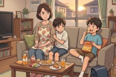 Mother sits on the sofa with two children; the younger leans on her as the older boy eats chips, sunset visible through the window.