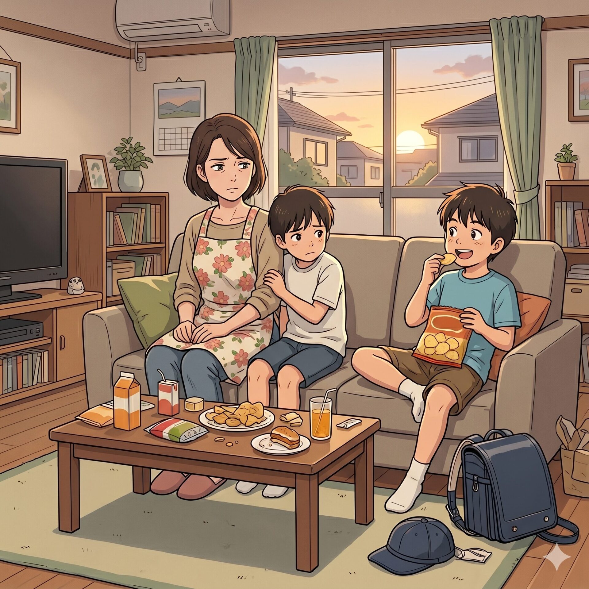 Mother sits on the sofa with two children; the younger leans on her as the older boy eats chips, sunset visible through the window.