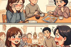A family at a dining table: a woman crying with cheeks reddened, a man looks distressed while holding chopsticks, and another woman angrily points at a bento box labeled food.