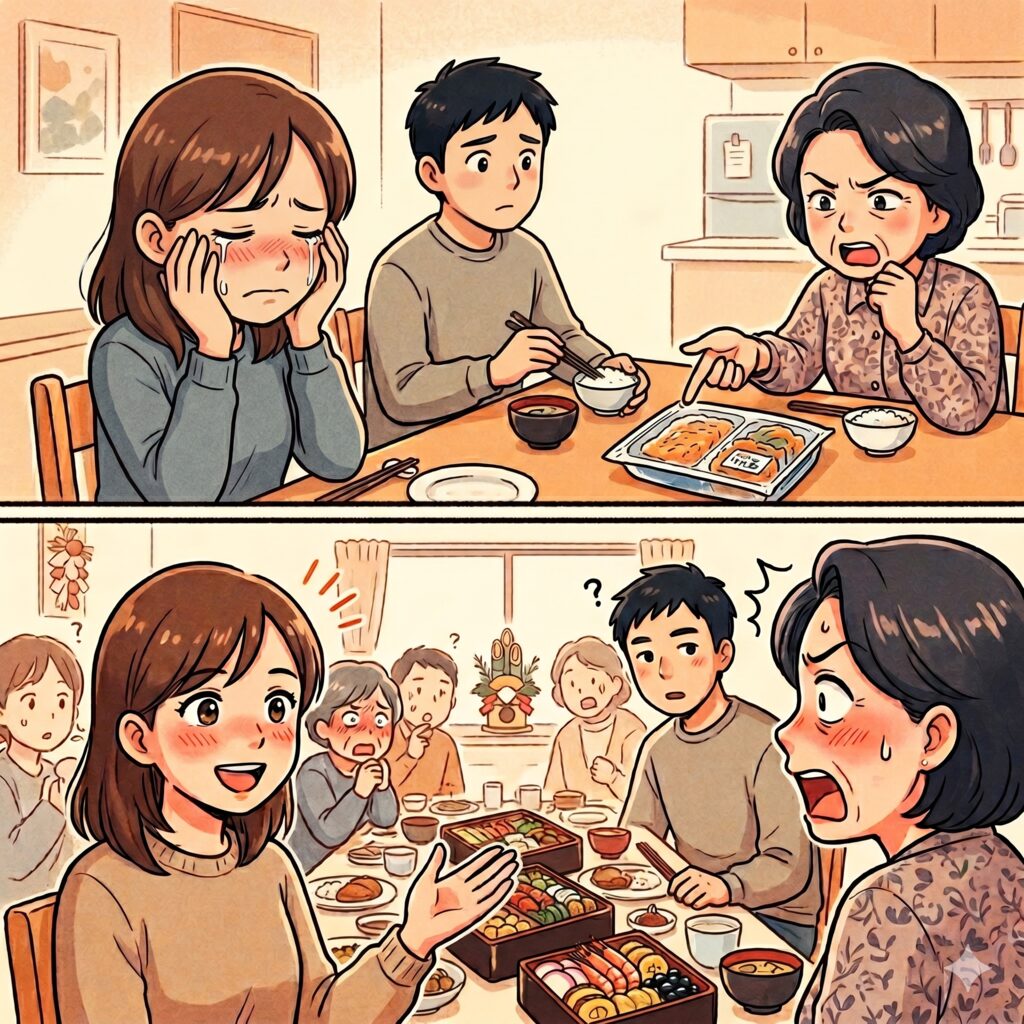 A family at a dining table: a woman crying with cheeks reddened, a man looks distressed while holding chopsticks, and another woman angrily points at a bento box labeled food.
