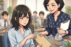 Office scene: two women exchanging an envelope with money while colleagues look stressed in the background.