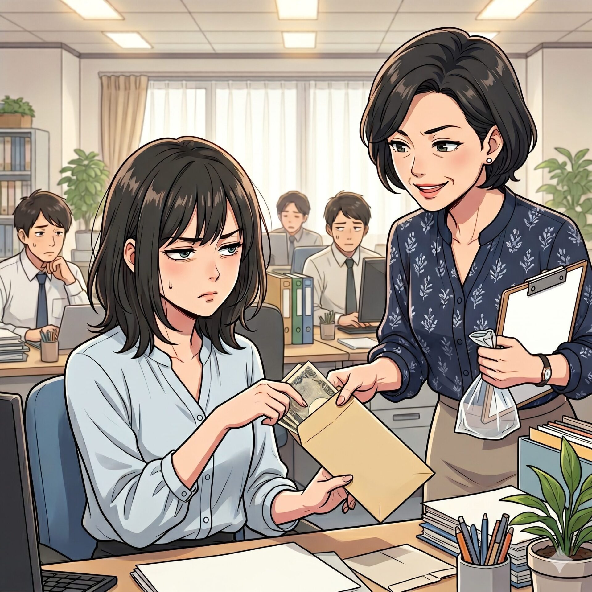 Office scene: two women exchanging an envelope with money while colleagues look stressed in the background.