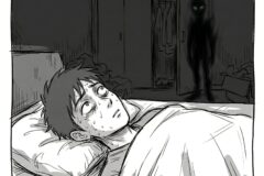Young man lying in bed, sweating and wide-eyed as a shadowy figure stands in the doorway.