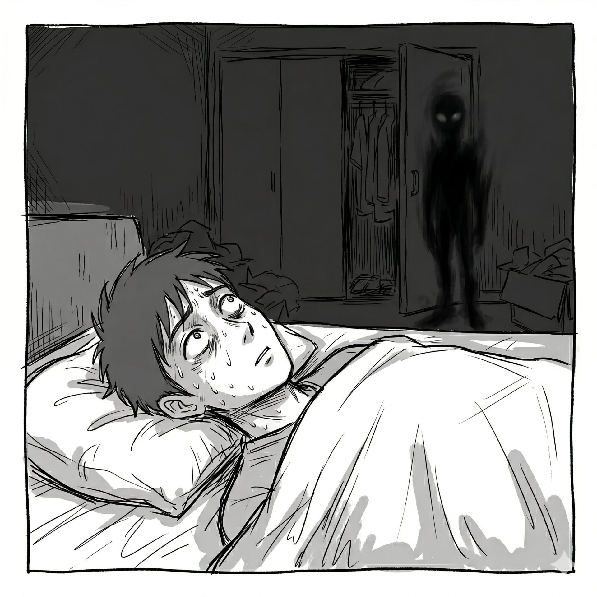 Young man lying in bed, sweating and wide-eyed as a shadowy figure stands in the doorway.
