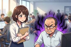 Worried woman holds a folder as a furious man types at a computer in a busy office, with a purple glow around him.