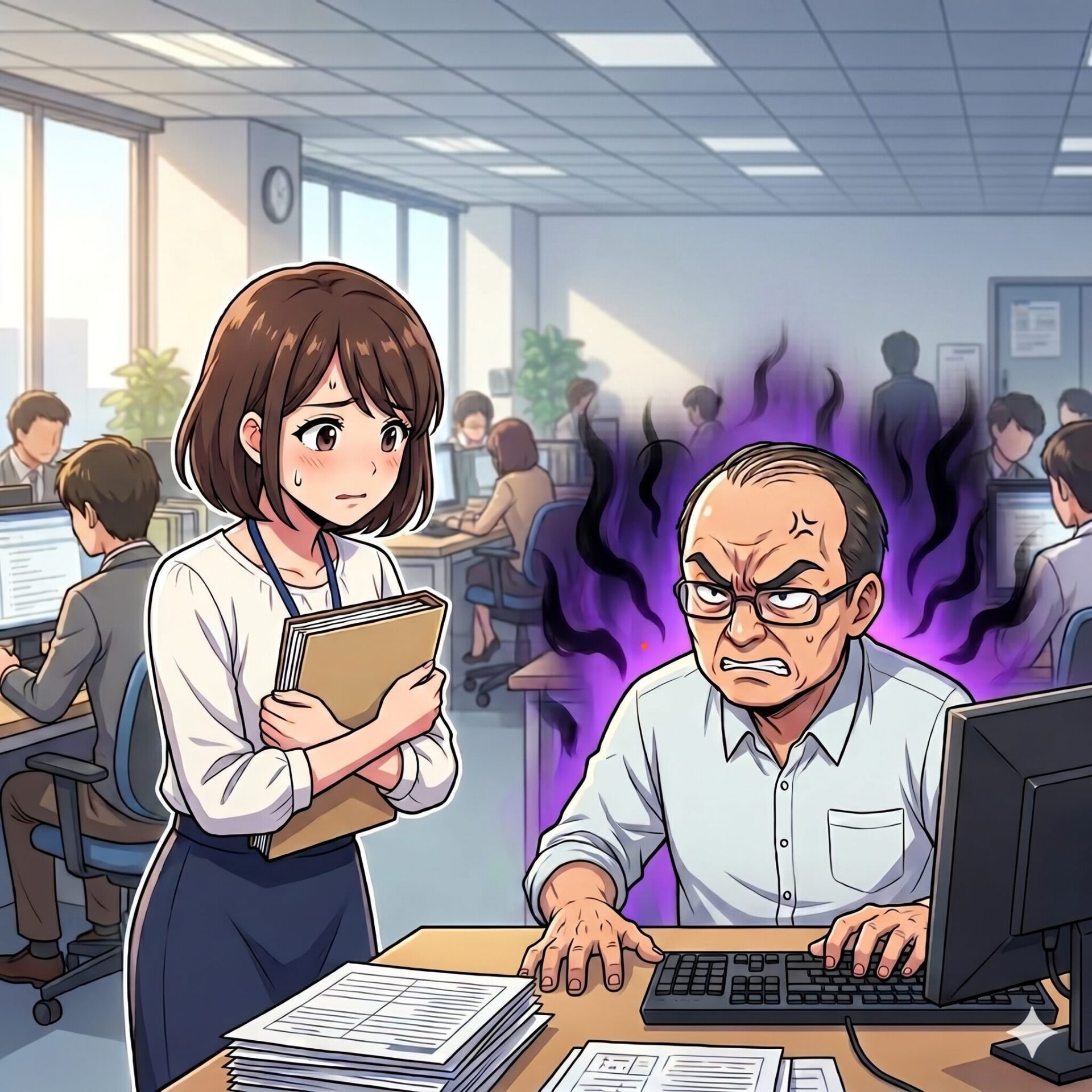 Worried woman holds a folder as a furious man types at a computer in a busy office, with a purple glow around him.