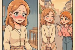 Panel 1: girl with orange hair, tearful and blushing, standing indoors with arms slightly out. Panel 2: same girl outside on a sunny street, smiling as she chats with a friend who waves and carries a purse.
