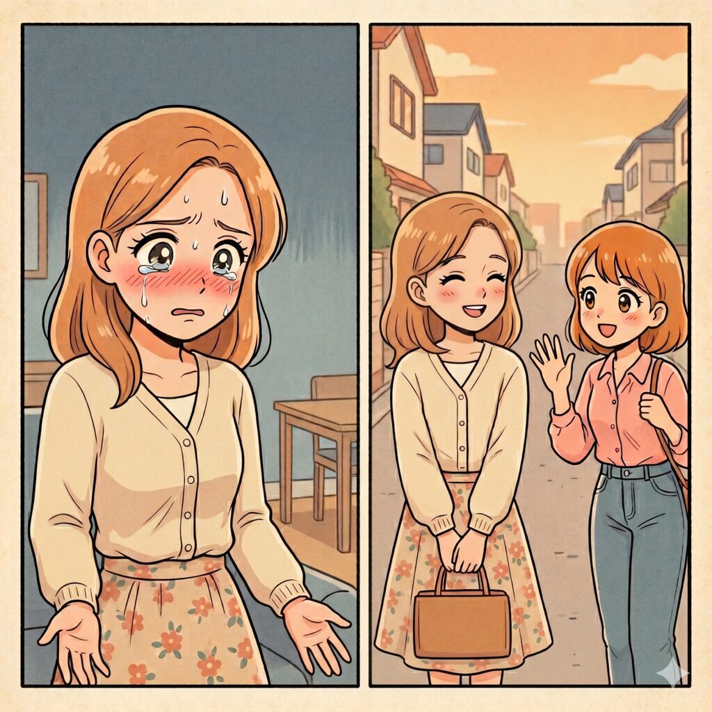 Panel 1: girl with orange hair, tearful and blushing, standing indoors with arms slightly out. Panel 2: same girl outside on a sunny street, smiling as she chats with a friend who waves and carries a purse.