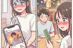 A girl with a blush and sweat on her face looks at her phone, showing a photo of a boy in a two-panel comic.