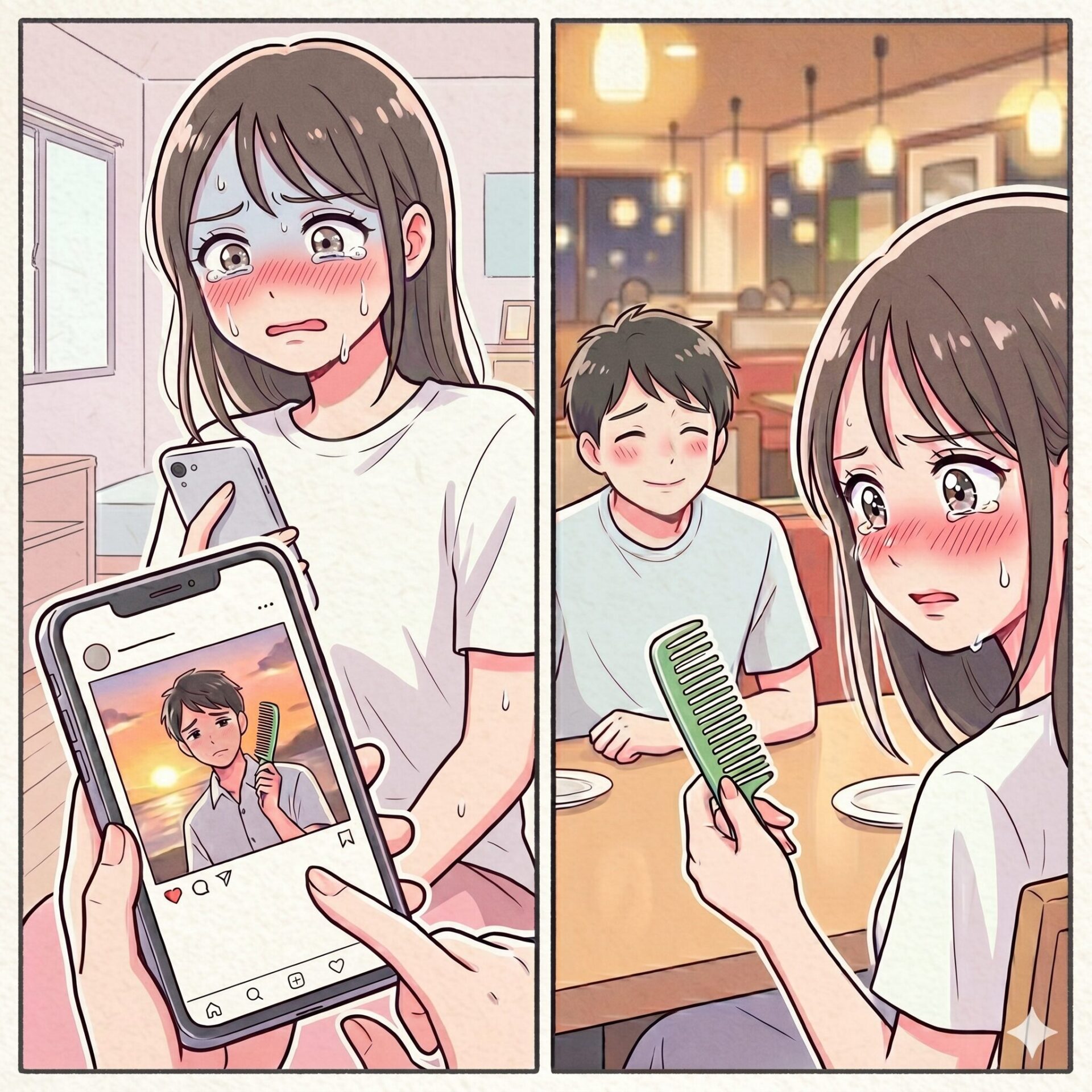 A girl with a blush and sweat on her face looks at her phone, showing a photo of a boy in a two-panel comic.
