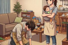 Woman holds a baby while a child cleans up toys and dishes in a cluttered living room/kitchen area.