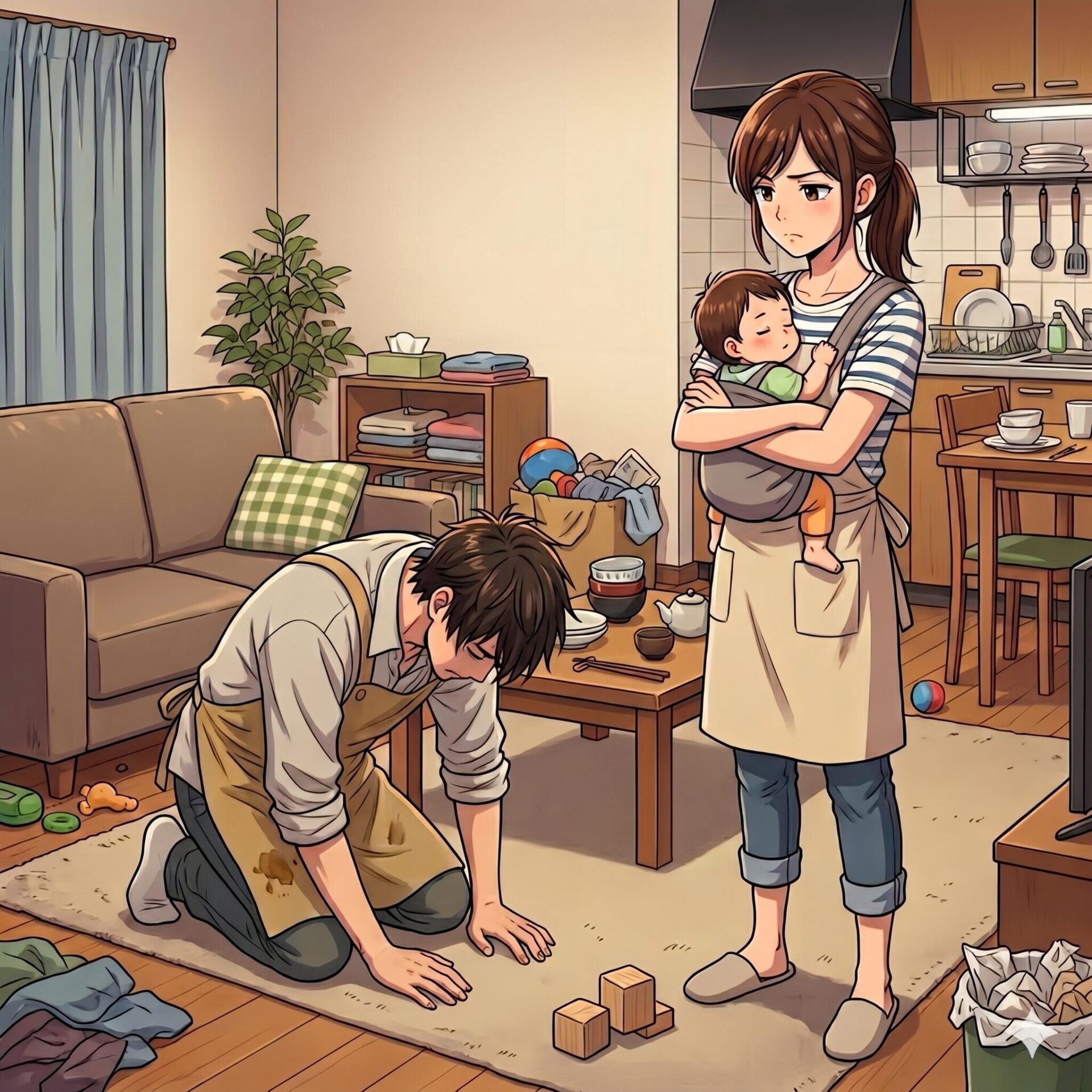 Woman holds a baby while a child cleans up toys and dishes in a cluttered living room/kitchen area.