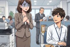 An anxious woman in a brown suit stands in a busy office, talking to a smiling male coworker at his desk while coworkers work in the background.