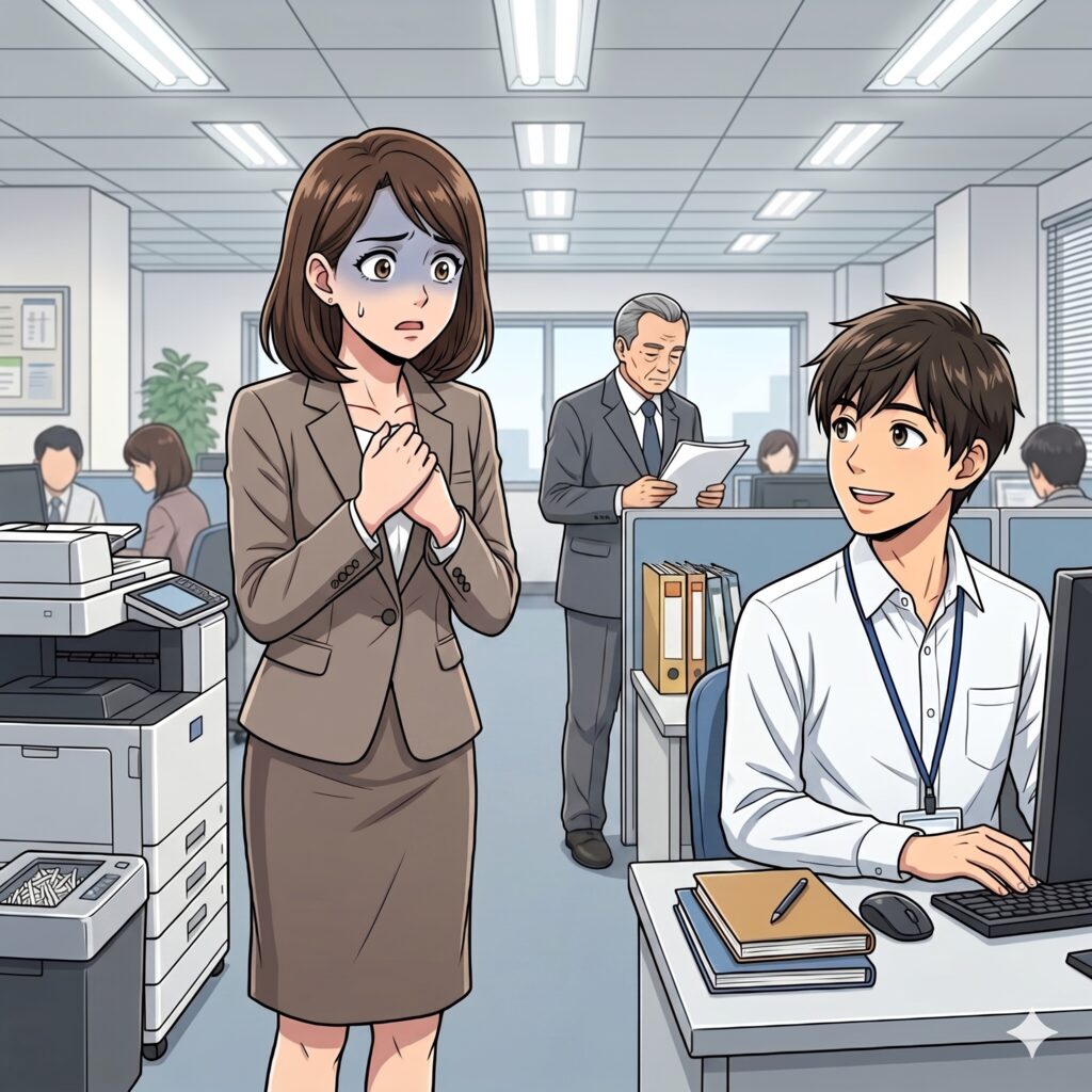 An anxious woman in a brown suit stands in a busy office, talking to a smiling male coworker at his desk while coworkers work in the background.